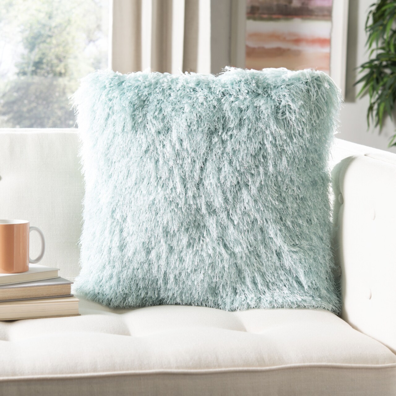 Safavieh Shag Modish Metallic Pillow Light Blue Home Decor Throw Soft Cushion
